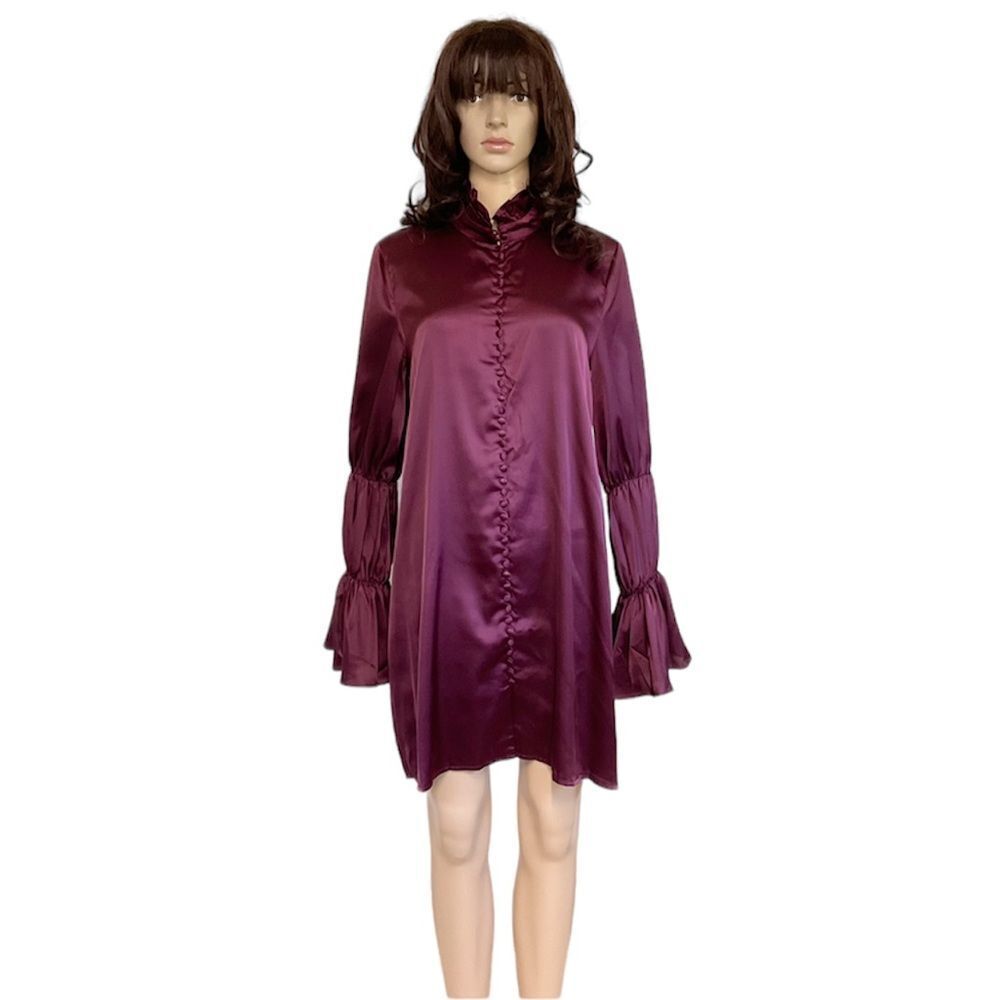 NEW Rich Fashion Burgundy Mock Neck Long Sleeve Satin Shirt Tunic 8
